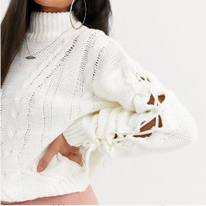 Missguided petite roll neck sweater with lace up sleeves